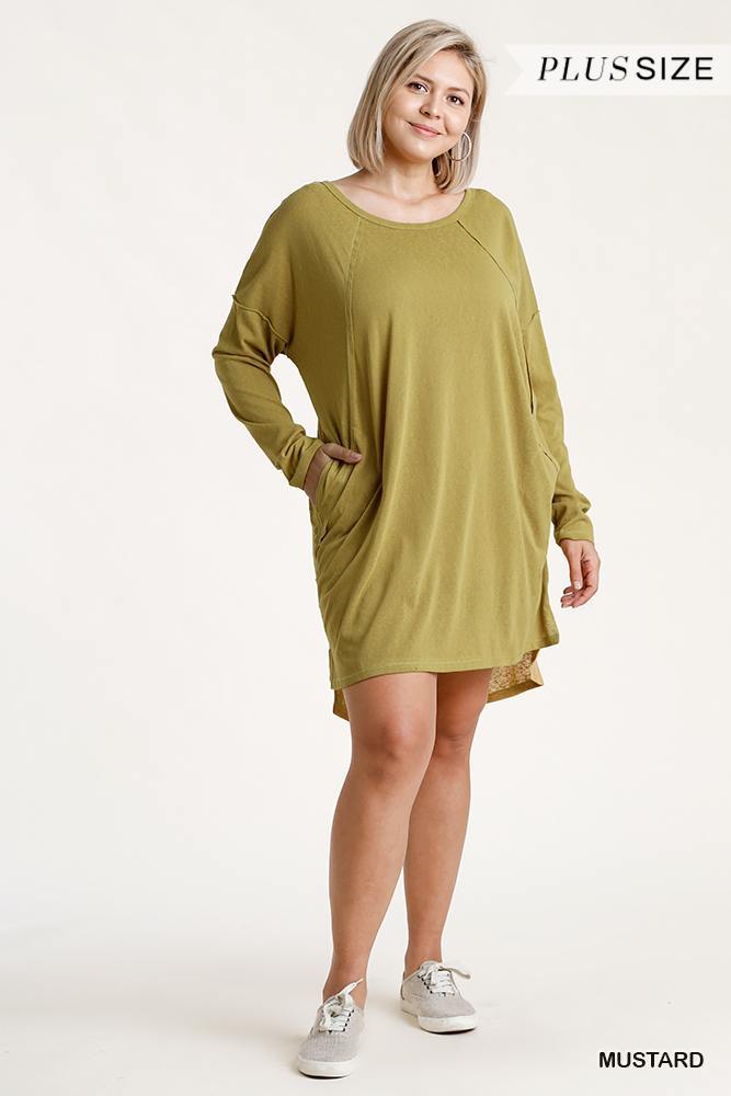 Long Raglan Sleeve Round Neck Raw Edged Detail Dress With Side Slits And Pockets - Pearlara