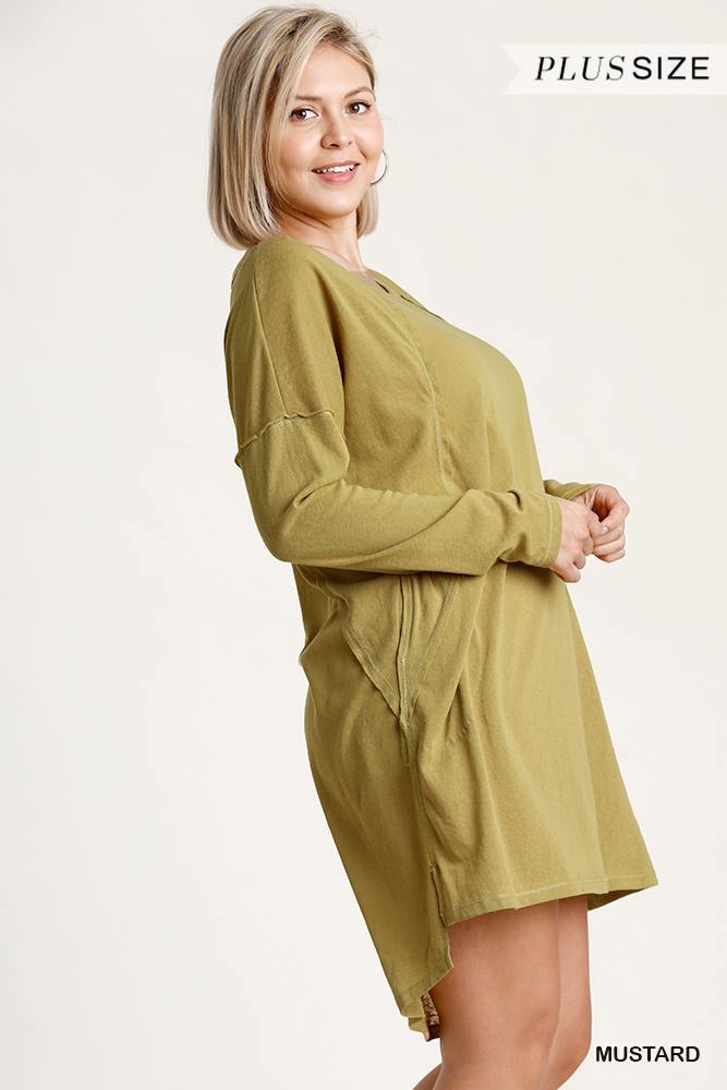 Long Raglan Sleeve Round Neck Raw Edged Detail Dress With Side Slits And Pockets - Pearlara