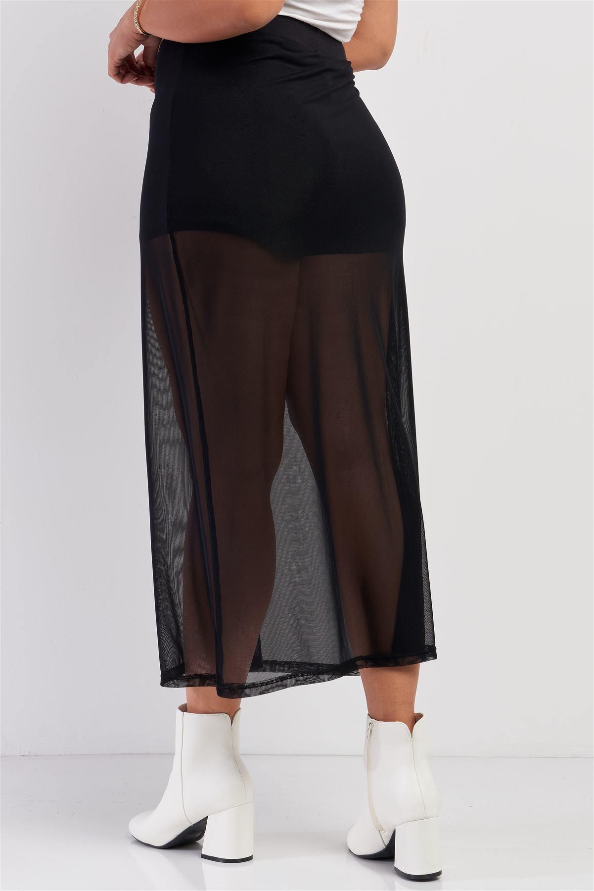 Plus Black High Waisted Sheer Mesh Underskirt Midi Skirt - Pearlara