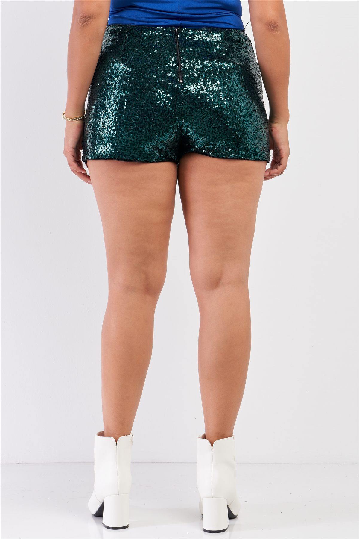 Plus Size Shiny Sequin High Waisted Mini Shorts - Pearlara
