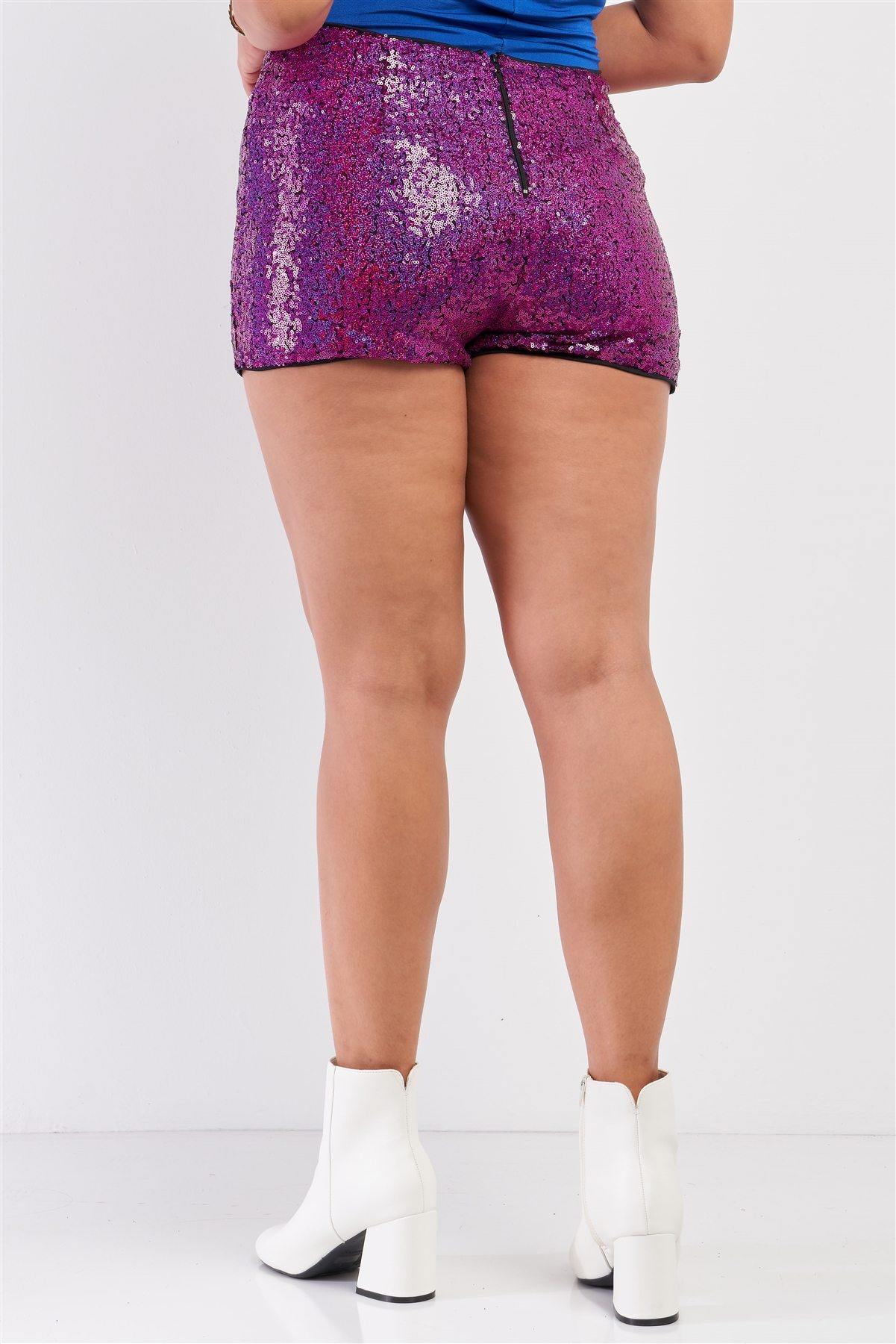 Plus Size Shiny Sequin High Waisted Mini Shorts - Pearlara