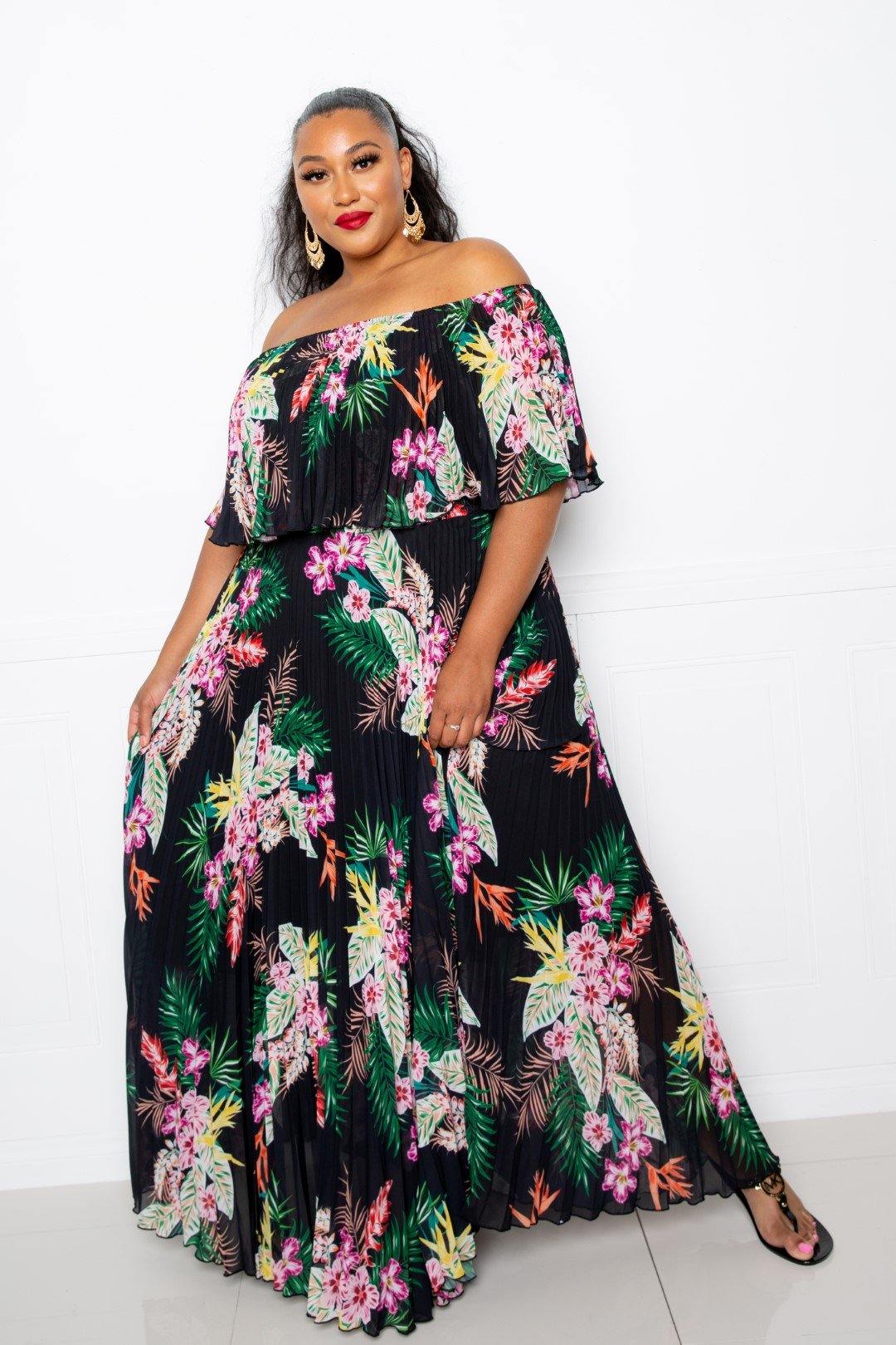 Tropical Printed Off Shoulder Pleated Maxi Dress - Pearlara