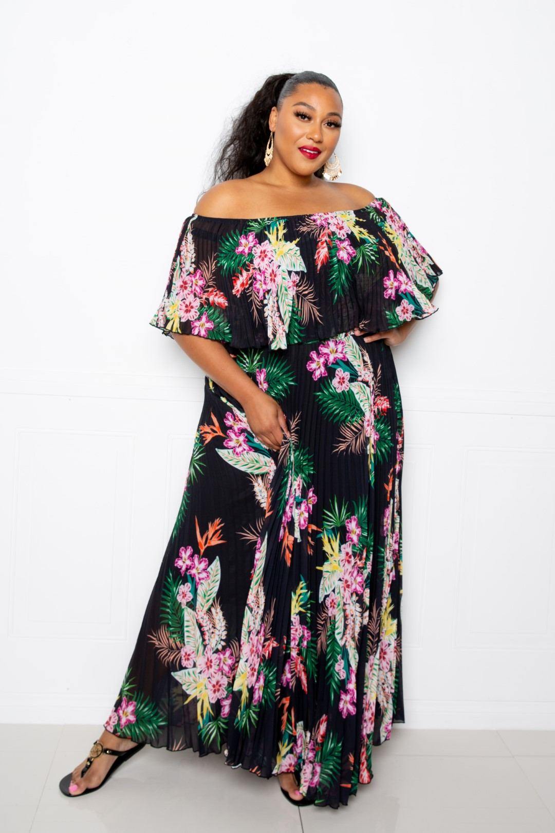 Tropical Printed Off Shoulder Pleated Maxi Dress - Pearlara