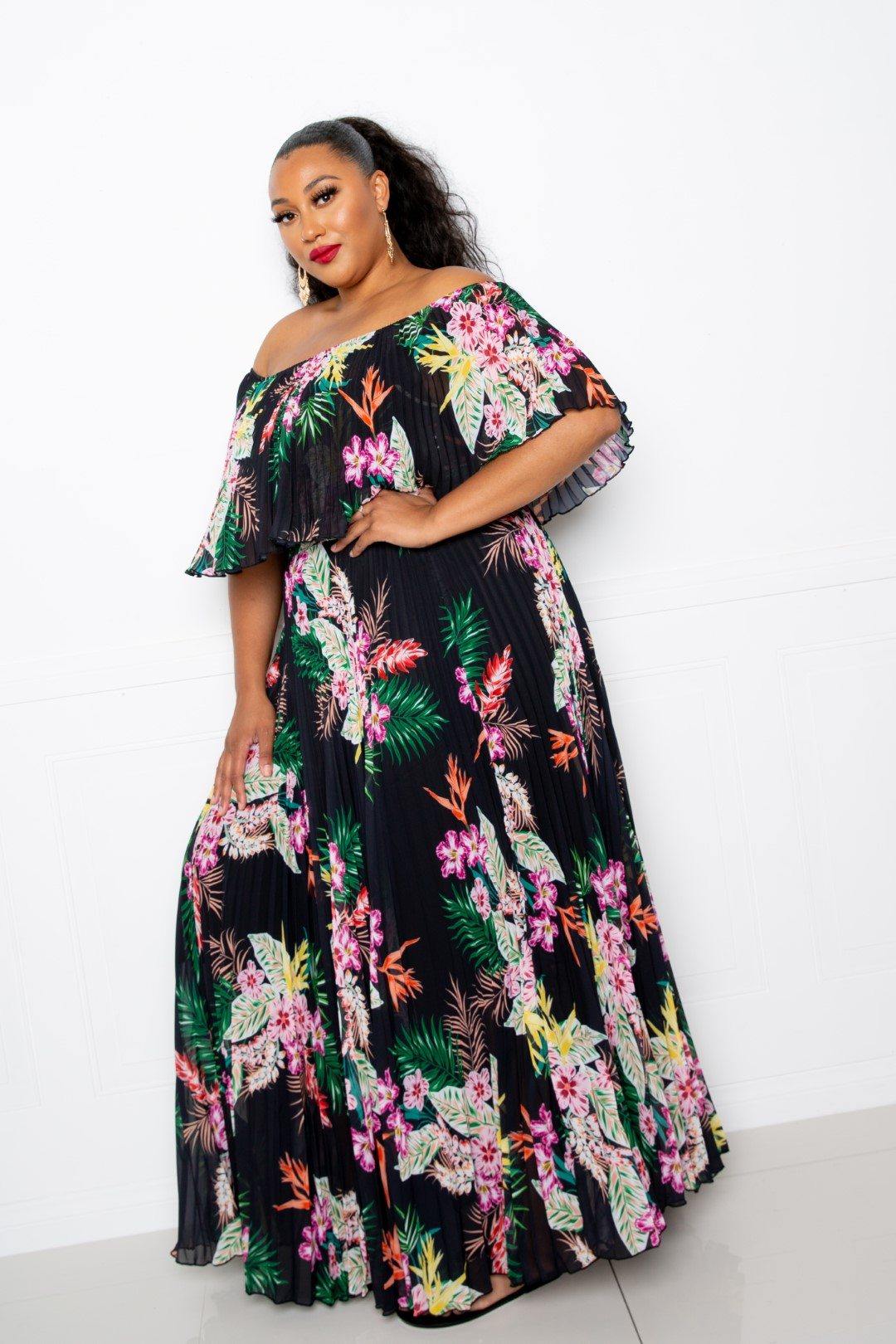 Tropical Printed Off Shoulder Pleated Maxi Dress - Pearlara