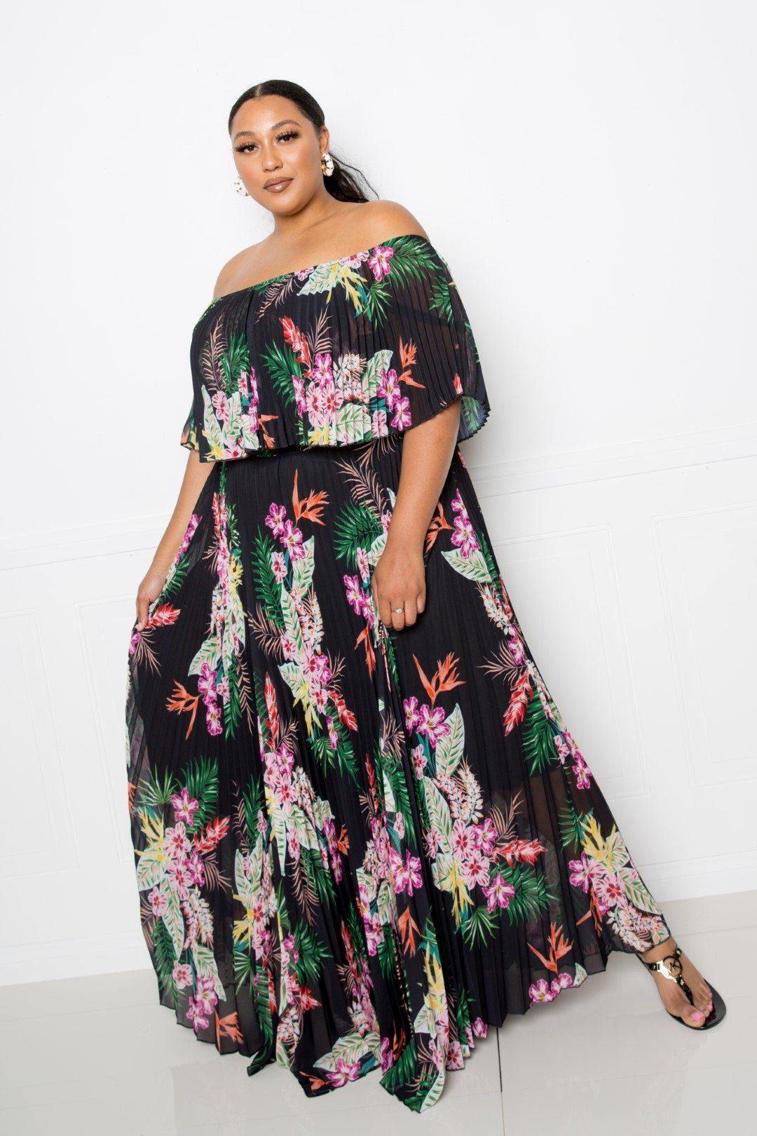 Tropical Printed Off Shoulder Pleated Maxi Dress - Pearlara