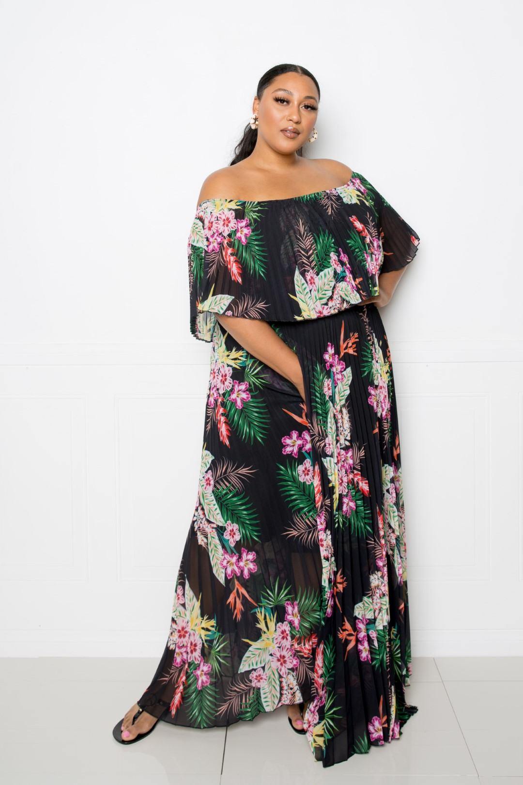 Tropical Printed Off Shoulder Pleated Maxi Dress - Pearlara