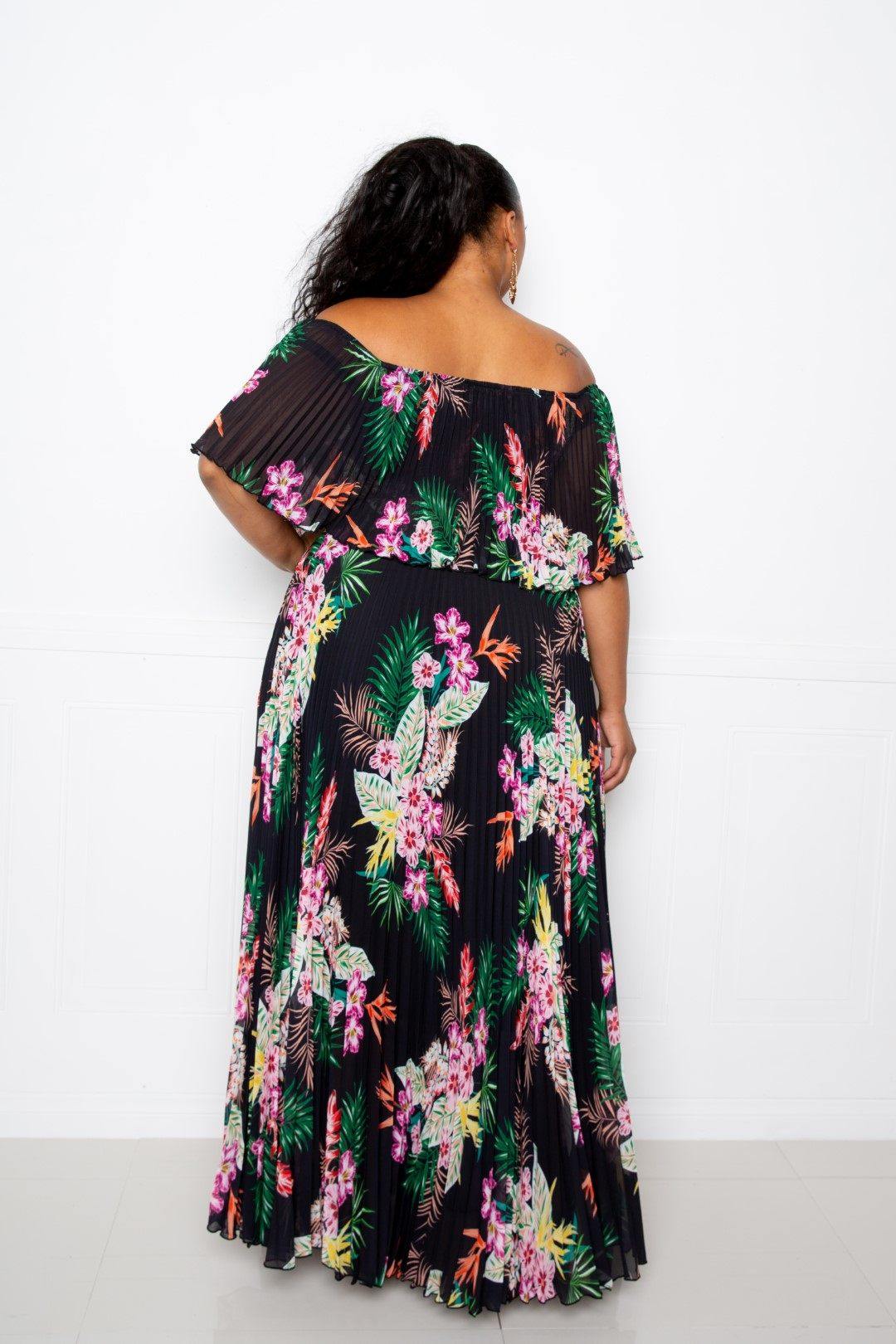 Tropical Printed Off Shoulder Pleated Maxi Dress - Pearlara