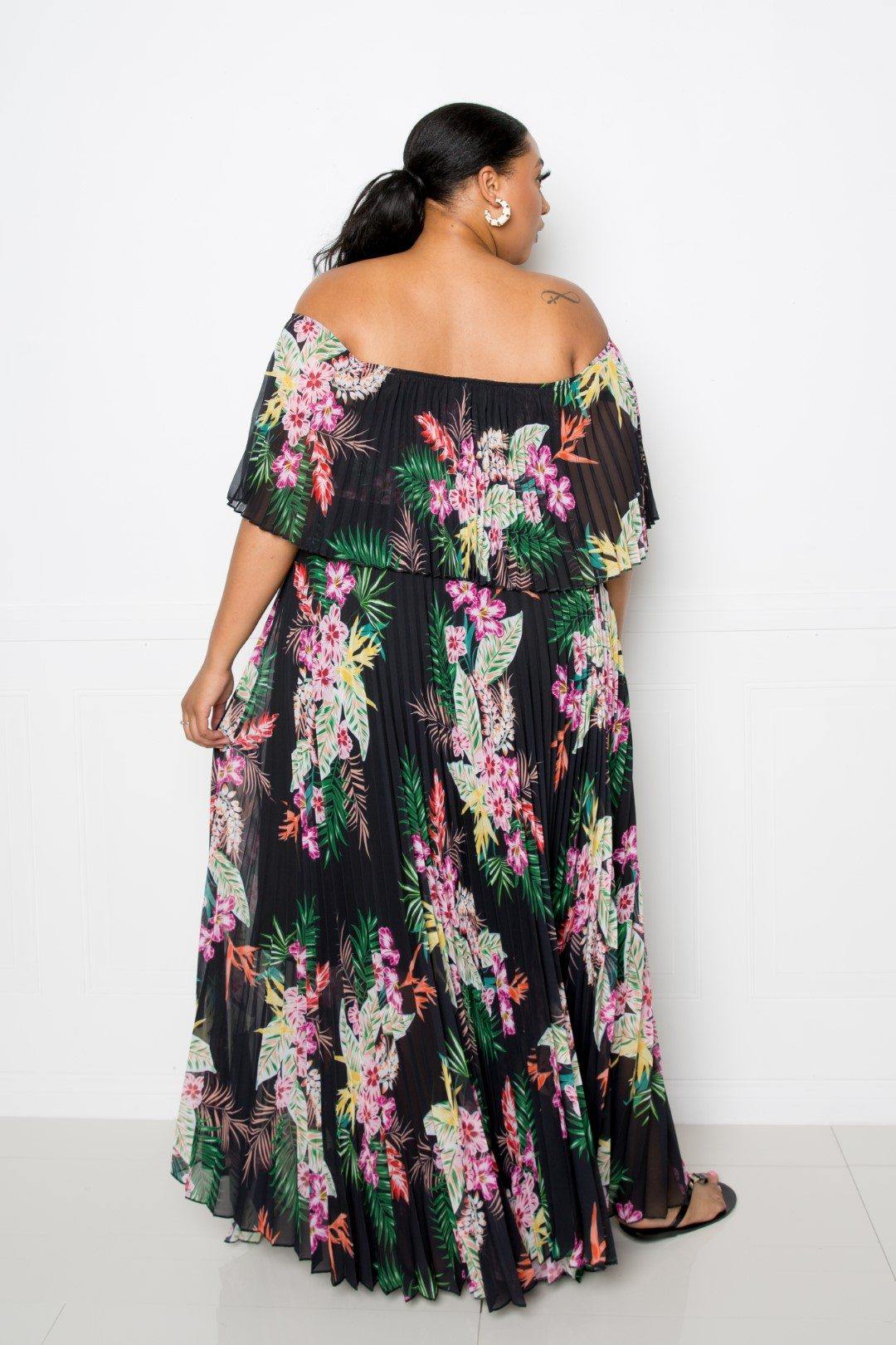 Tropical Printed Off Shoulder Pleated Maxi Dress - Pearlara