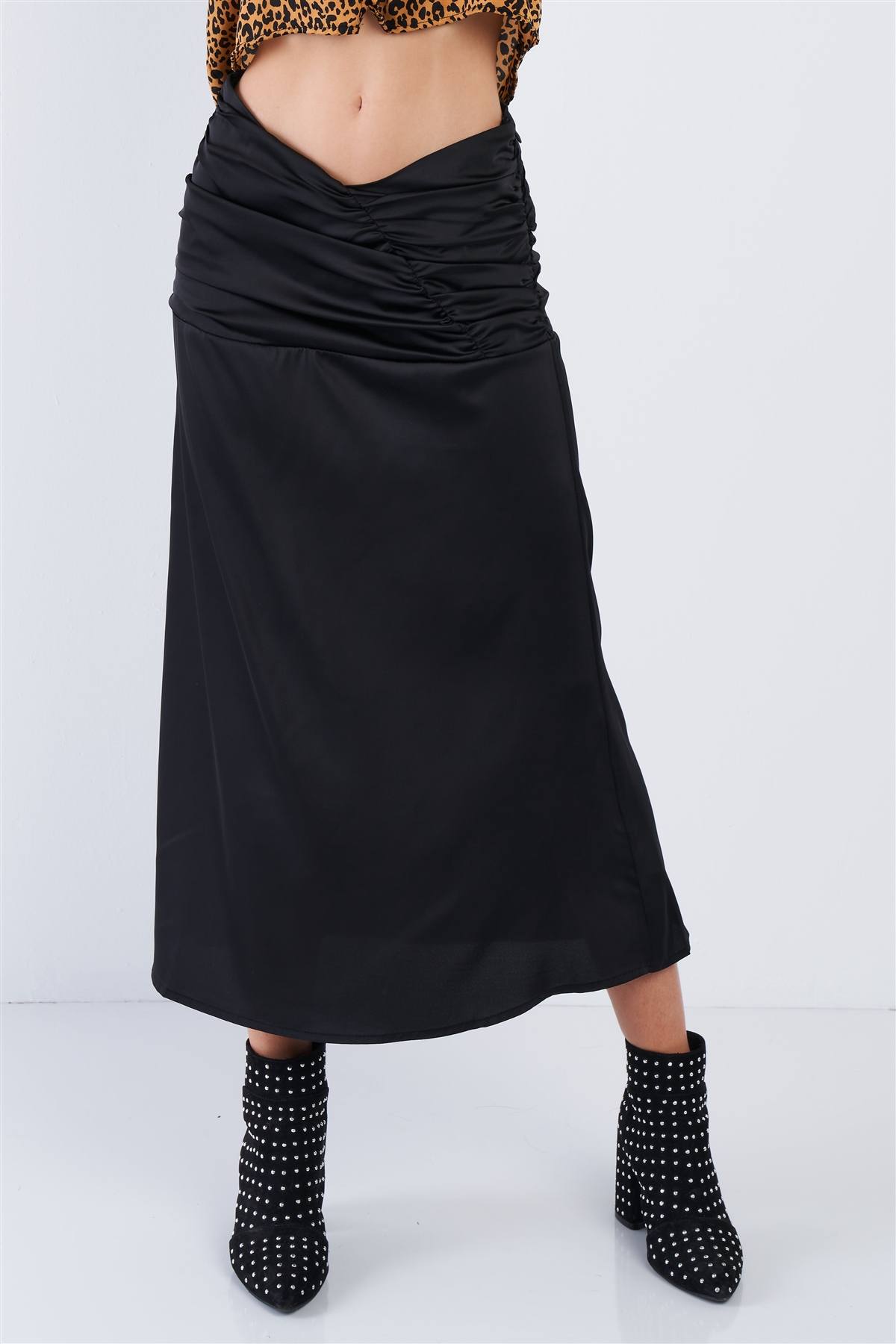 Satin Ruffle Waist Midi Skirt
