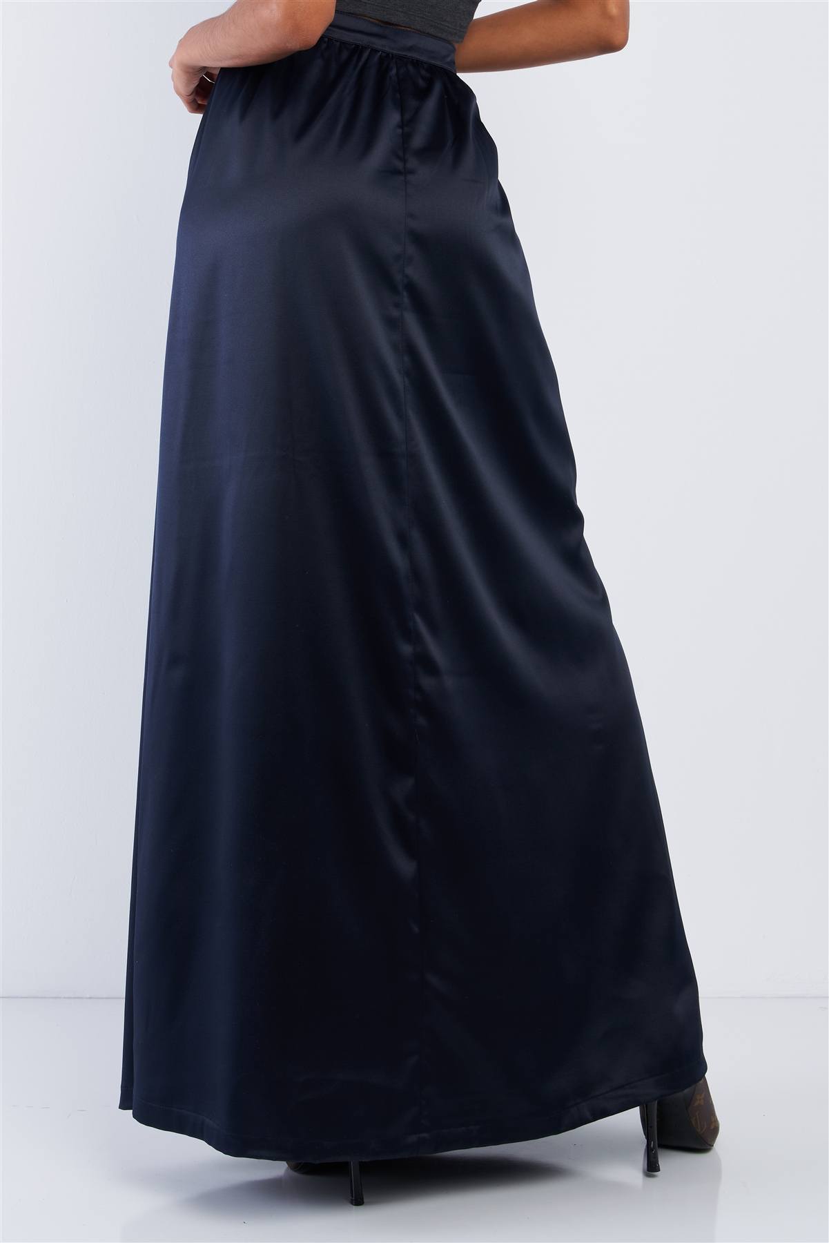 Solid Navy Blue Satin High Waist Flowing Maxi Skirt