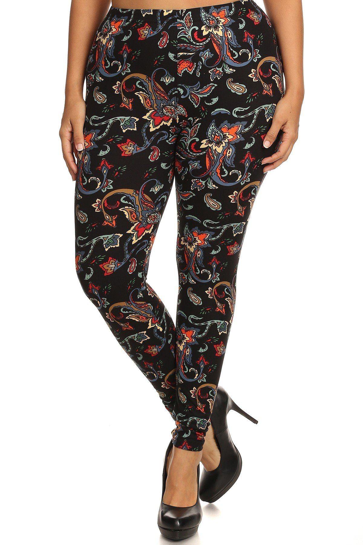 Floral/abstract Print, Full Length Leggings In A Slim Fitting Style With A Banded High Waist - Pearlara