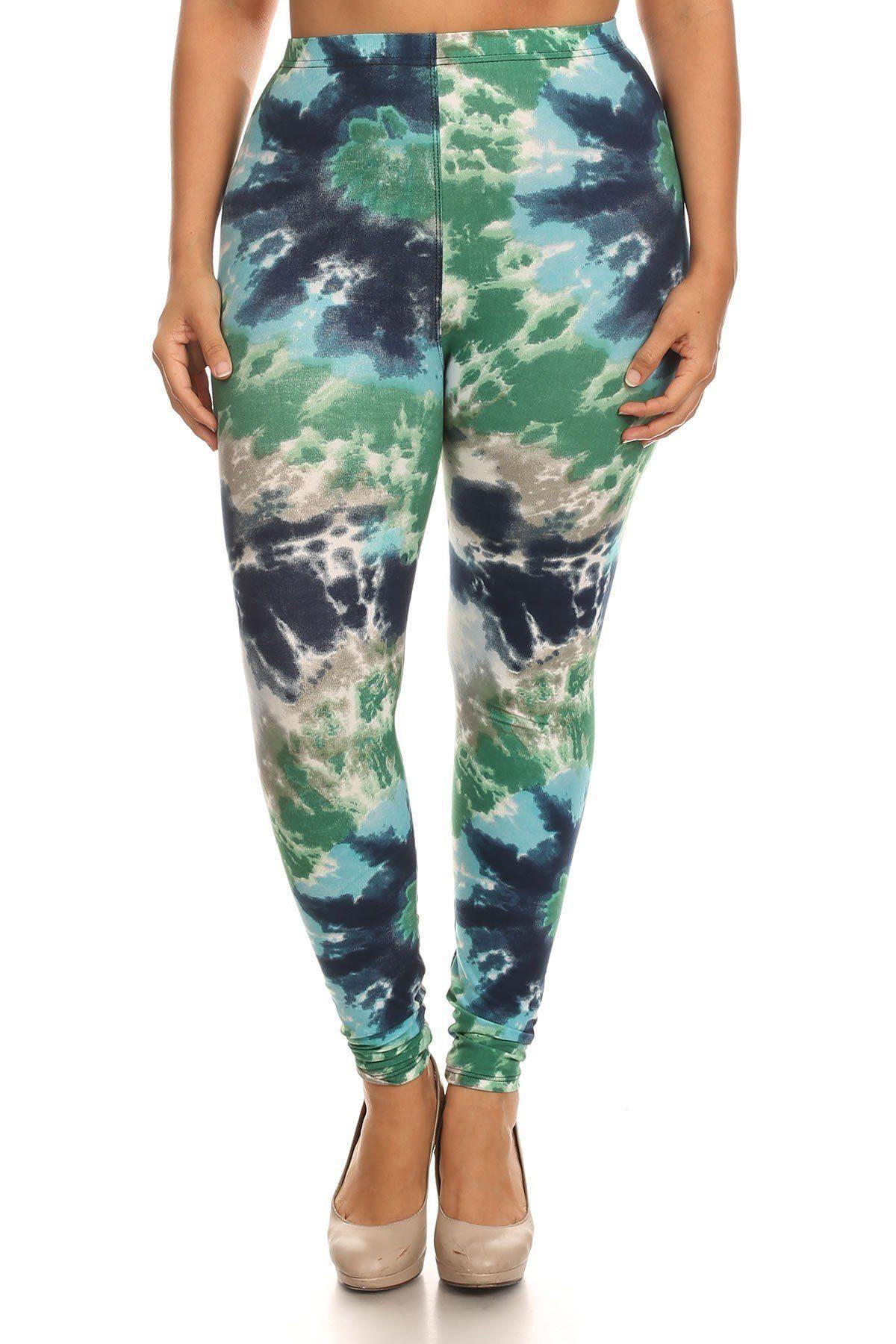 Plus Size Tie Dye Print, Full Length Leggings In A Fitted Style With A Banded High Waist - Pearlara
