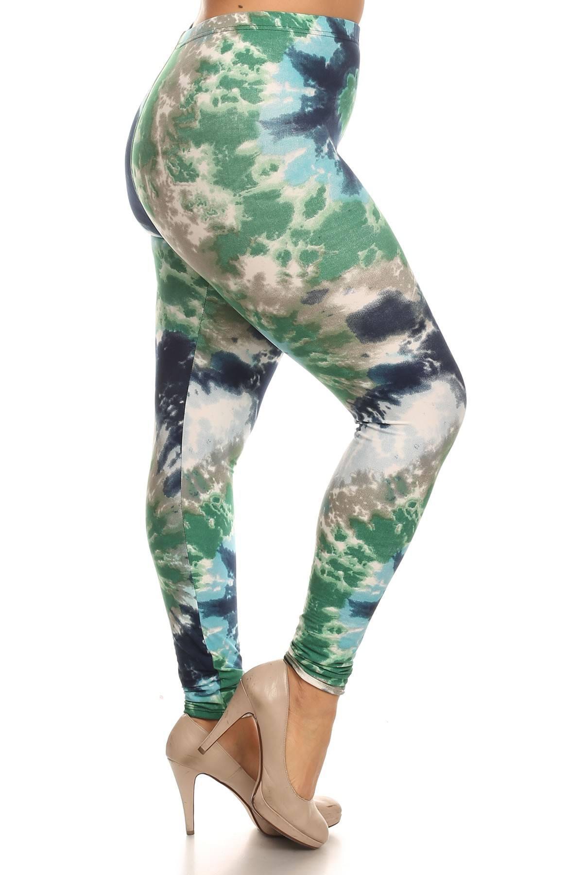 Plus Size Tie Dye Print, Full Length Leggings In A Fitted Style With A Banded High Waist - Pearlara
