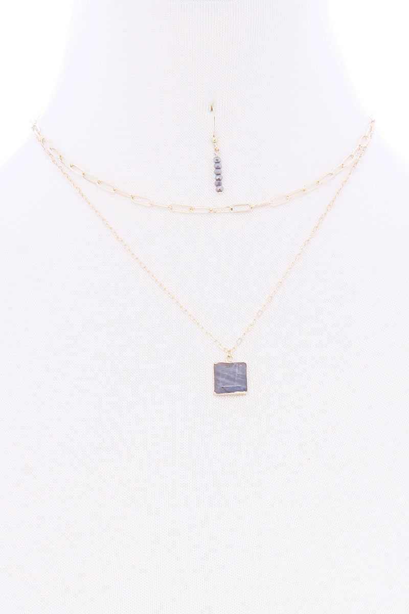 2 Layered Chain Metal Square Marbling Stone Pendant Necklace - Pearlara