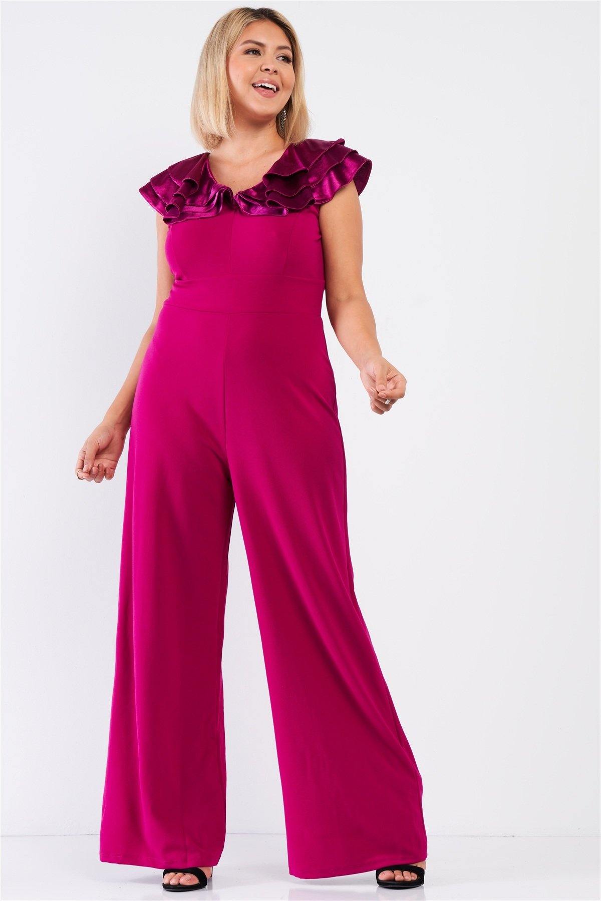 Plus Sleeveless Satin Ruffle Shoulder Detail V-neck Wide Leg Jumpsuit - Pearlara