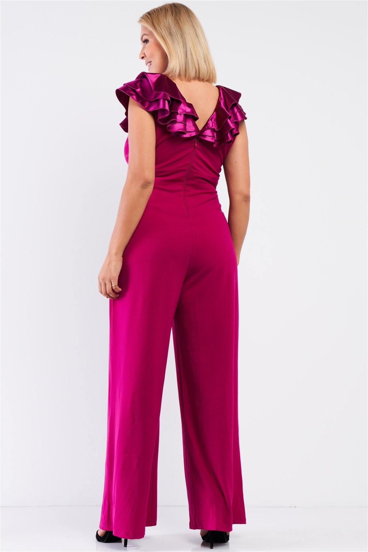 Plus Sleeveless Satin Ruffle Shoulder Detail V-neck Wide Leg Jumpsuit - Pearlara