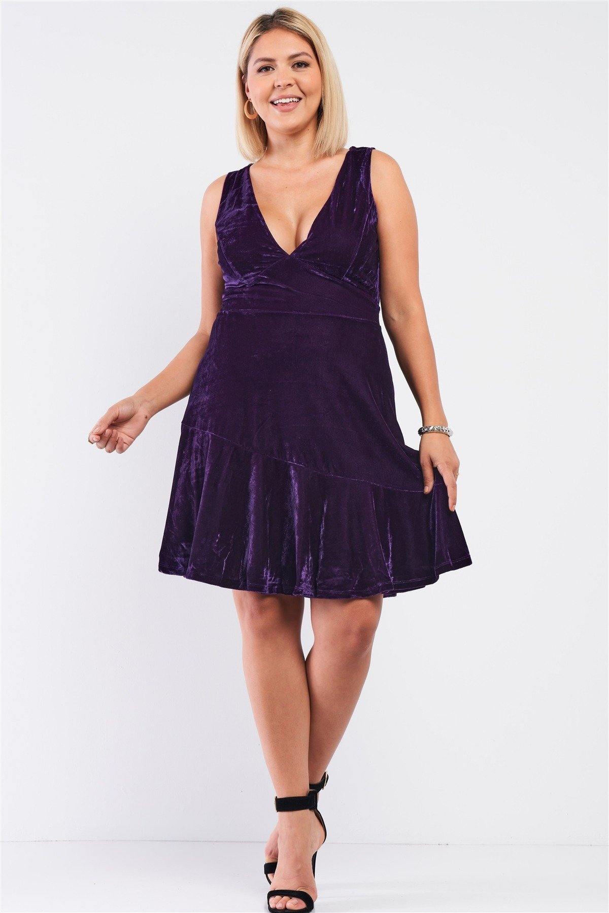 Plus Size Purple Velvet Sleeveless Deep Plunge V-neck Swing Bottom Dress - Pearlara