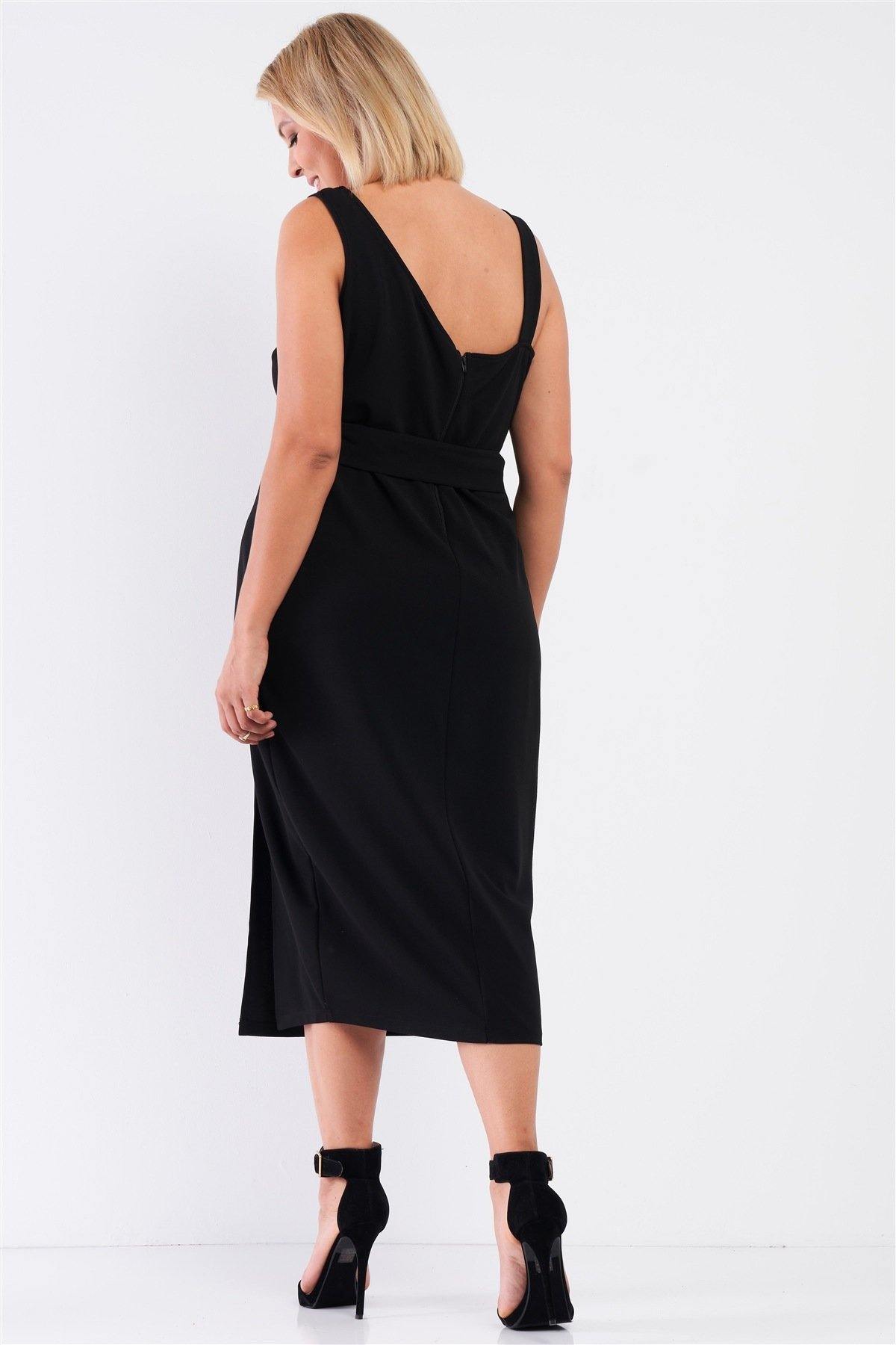 Plus Sleeveless Asymmetrical Shoulder Front Slit Detail Belted Dress - Pearlara