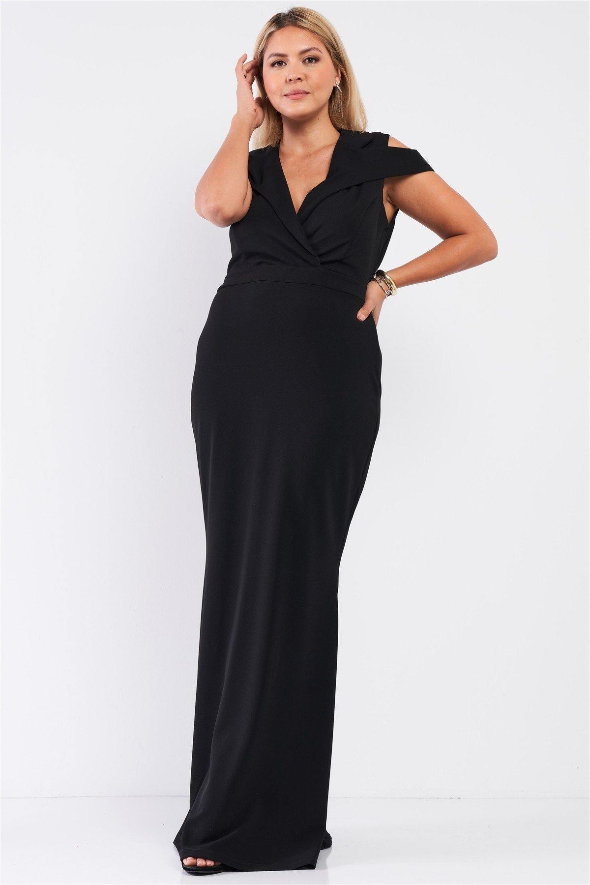 Plus Black Sleeveless Collared Plunging V-neck Maxi Dress - Pearlara