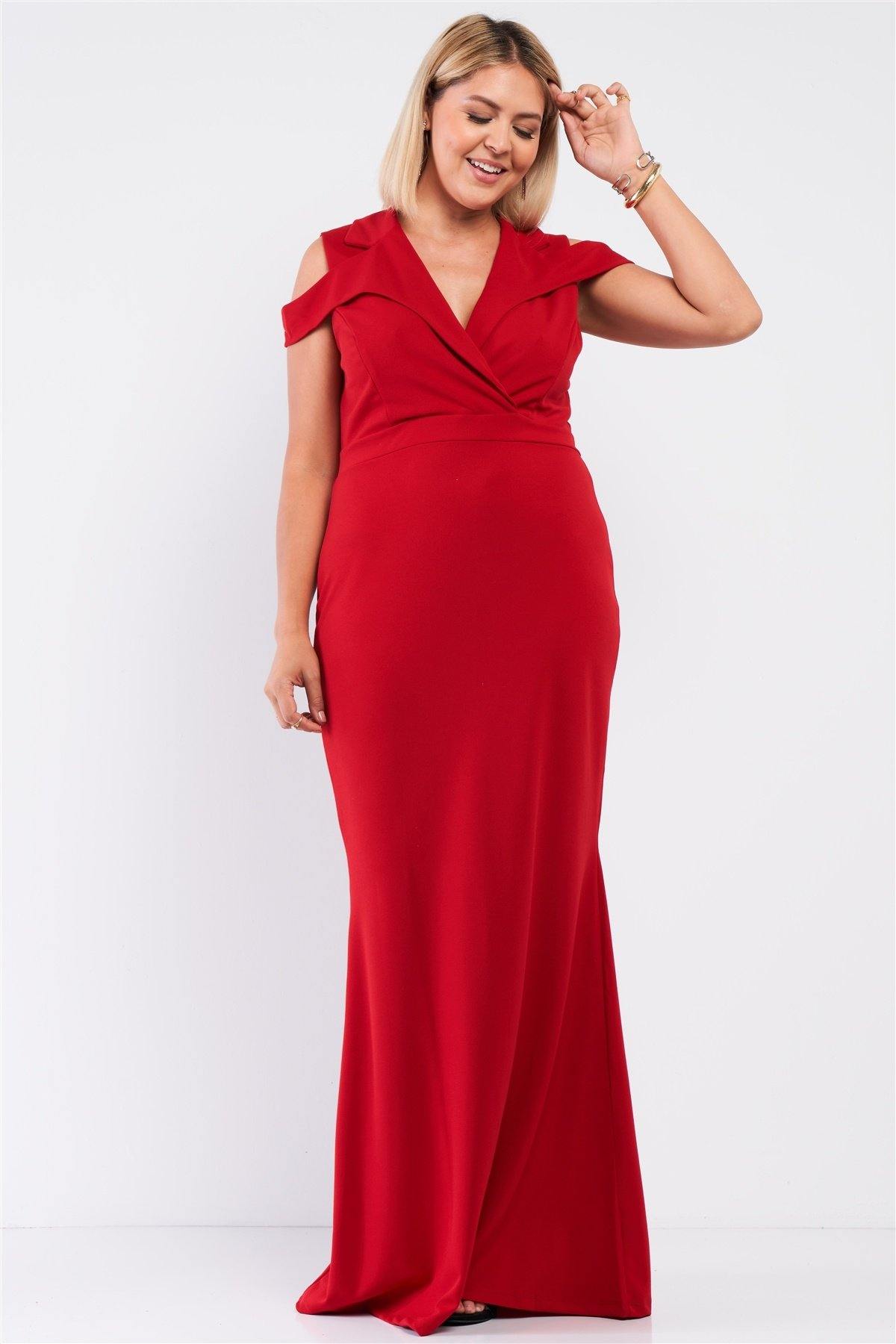Plus Red Sleeveless Collared Plunging V-neck Maxi Dress - Pearlara