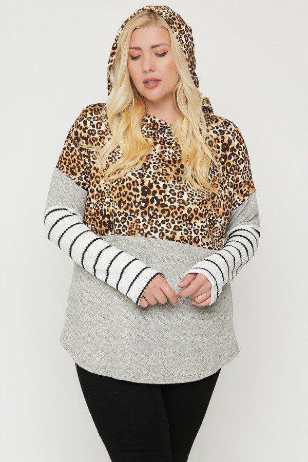 Plus Size Color Block Hoodie Featuring A Cheetah Print - Pearlara