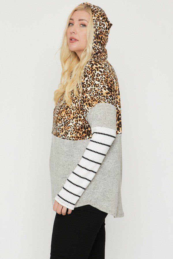 Plus Size Color Block Hoodie Featuring A Cheetah Print - Pearlara