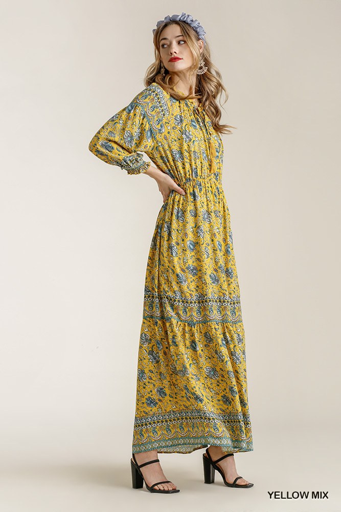 Paisley Print Smocked Ruffle Cuff Sleeve Elastic Waist Maxi Dress With Front String Tie