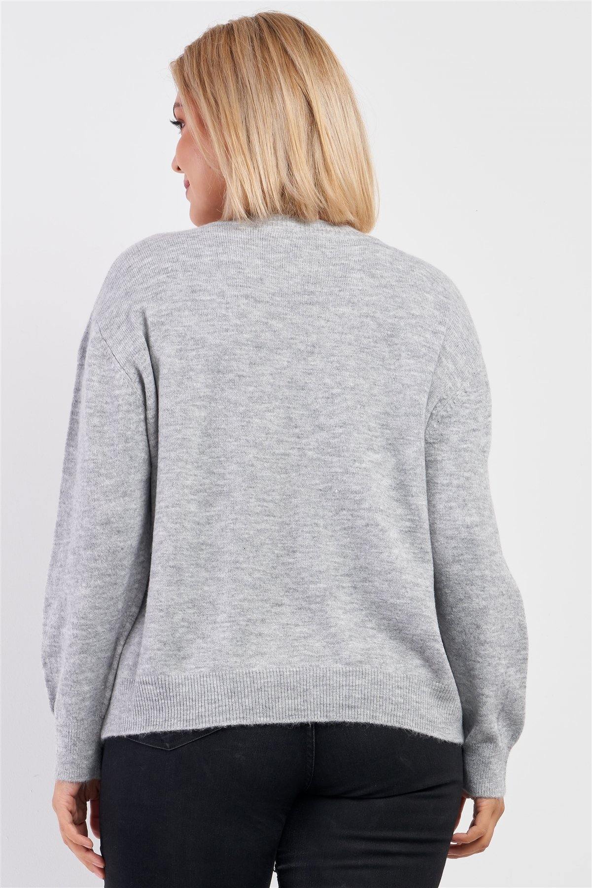 Plus Size Heather Grey Soft Ribbed Fleece Long Sleeve Sweater - Pearlara