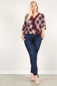 Plaid 3/4 Sleeve Top With Hi-lo Hem, V-neckline, And Relaxed Fit - Pearlara