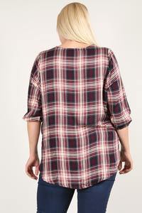 Plaid 3/4 Sleeve Top With Hi-lo Hem, V-neckline, And Relaxed Fit - Pearlara