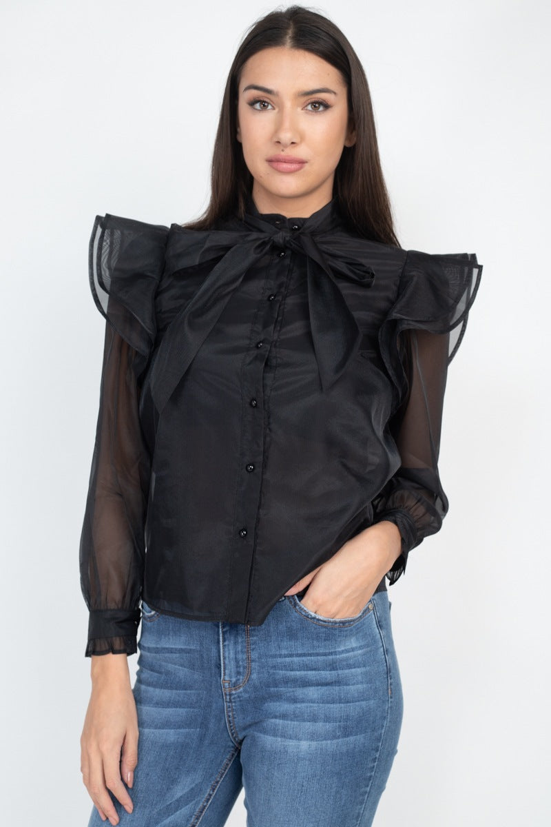 Neck Bow Tie Ruffle Blouse