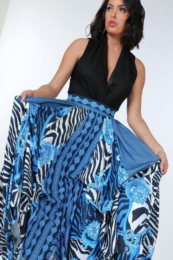 Animal Chain Print Denim Tacked Maxi Skirt In Black Gold - Pearlara