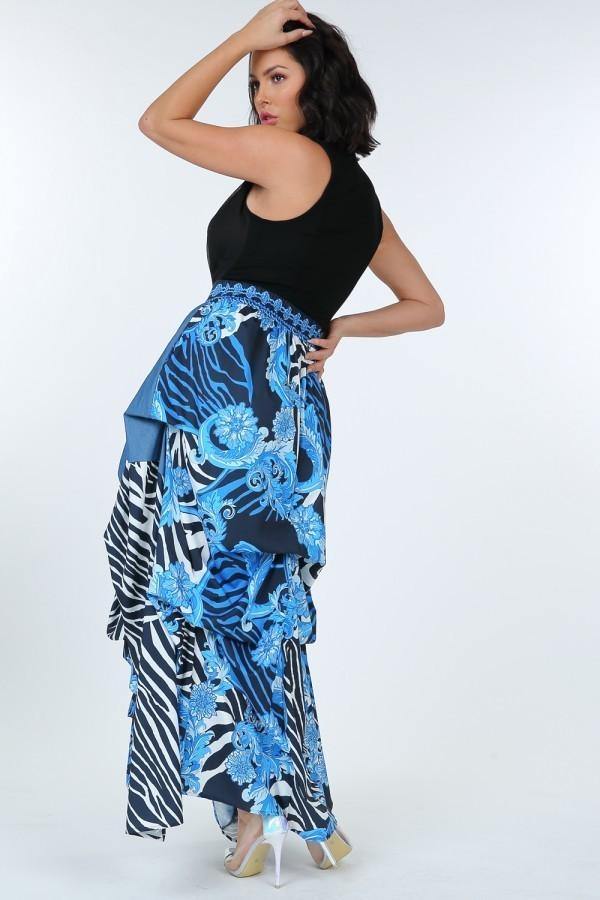 Animal Chain Print Denim Tacked Maxi Skirt In Black Gold - Pearlara