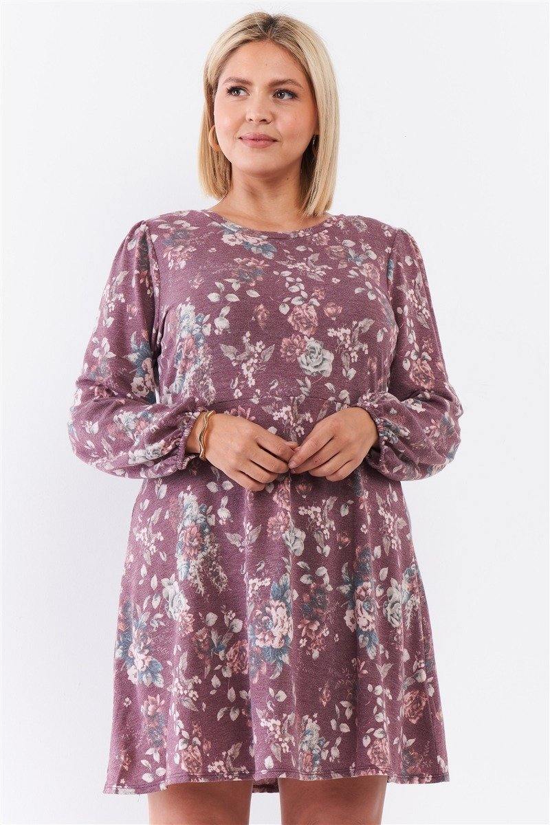 Plus Washed Burgundy Floral Print Long Puff Sleeve Relaxed Mini Dress - Pearlara