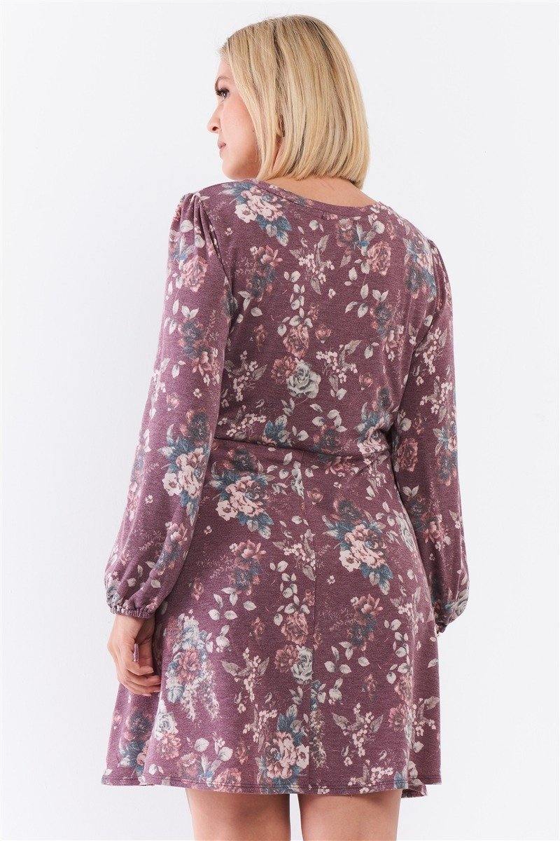 Plus Washed Burgundy Floral Print Long Puff Sleeve Relaxed Mini Dress - Pearlara