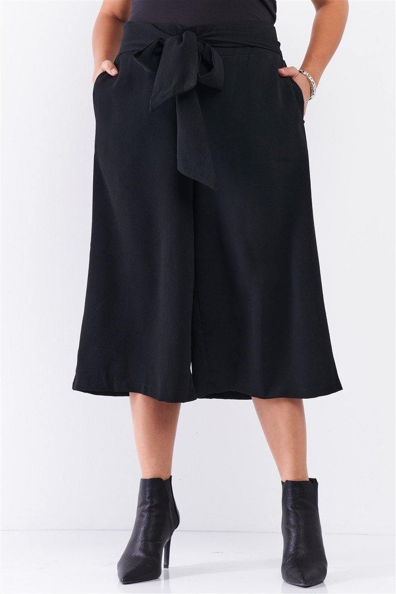 Plus Black Self-tie High Waist Detail Wide Leg Midi Length Pants - Pearlara