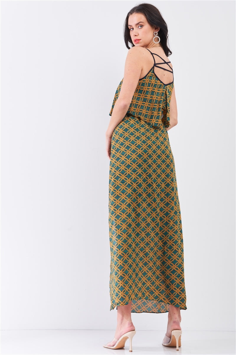 Mustard Multi Printed Sleeveless Criss-cross Back Side Slit Detail Maxi Dress