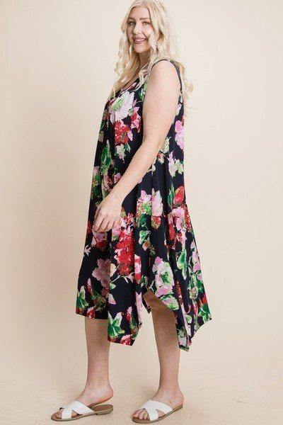 Plus Size Floral Bulgari Printed Tank Midi Dress With Asymmetrical Hem - Pearlara