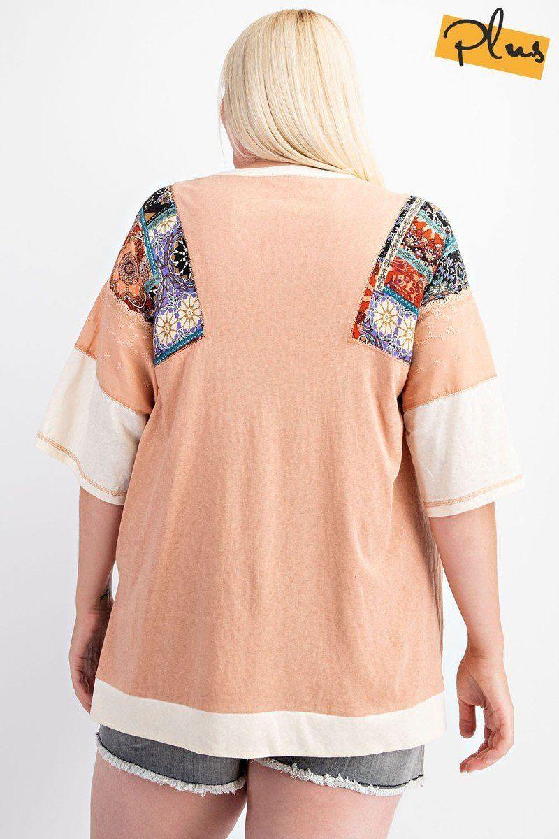 Fun & Colorful Short Sleeves Cotton Slub Knit Color Block Top - Pearlara