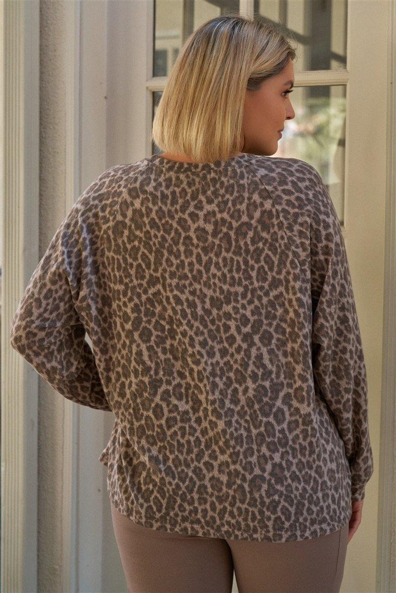 Plus Taupe & Black Cheetah Round Neck Long Sleeve Relaxed Fit Top - Pearlara