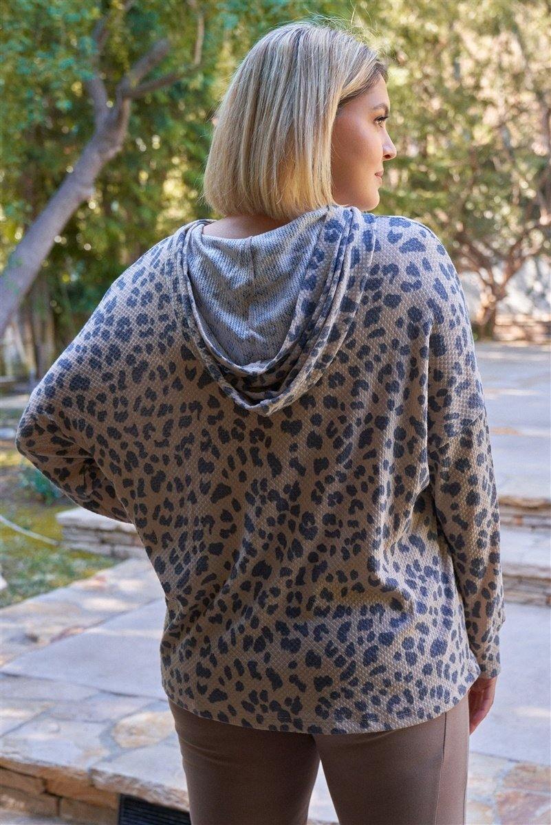 Plus Taupe & Black Cheetah Hooded Knit Construction Dropped Shoulders Long Sleeve Front Pocket Relaxed Fit Sweatshirt - Pearlara