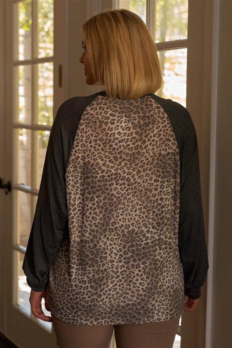 Plus Size Khaki & Charcoal Leopard Print Long Sleeve Relaxed Top - Pearlara