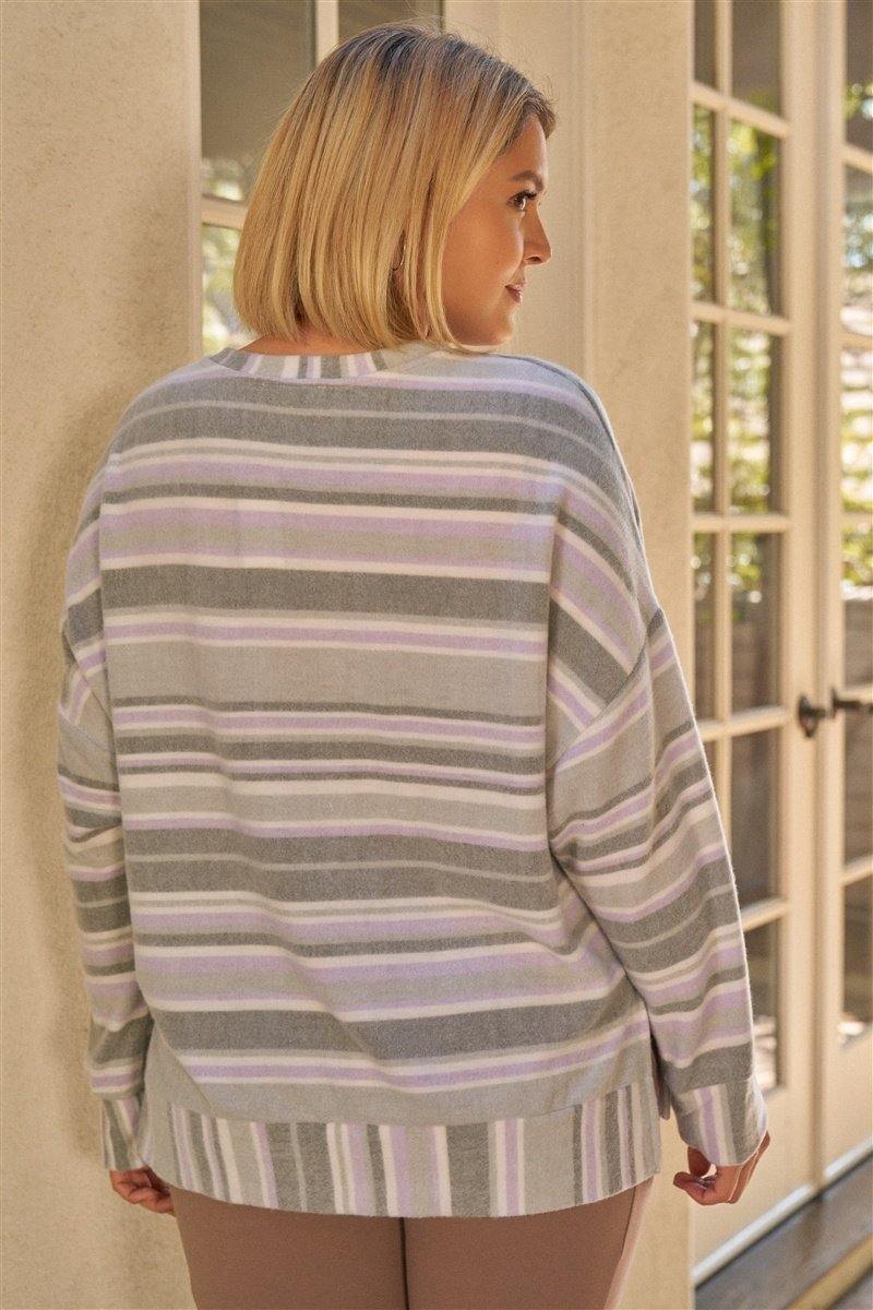 Plus Sage & Lavender Stripped Super Soft Sweatshirt - Pearlara