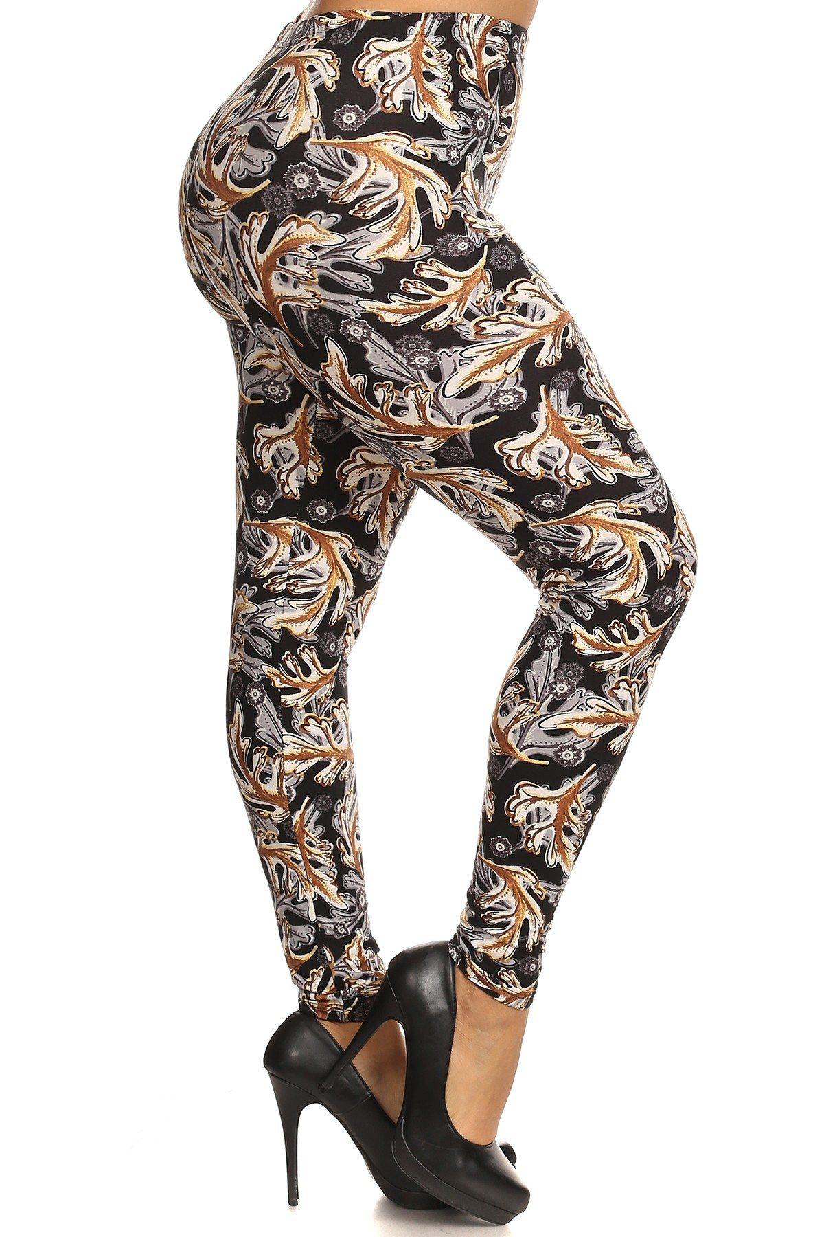 Abstract Leaf Print, Full Length Leggings In A Slim Fitting Style With A Banded High Waist - Pearlara