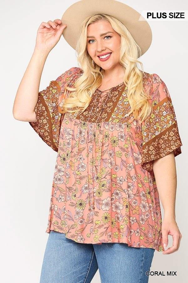 Floral Print Lace Up Flutter Sleeve Top - Pearlara