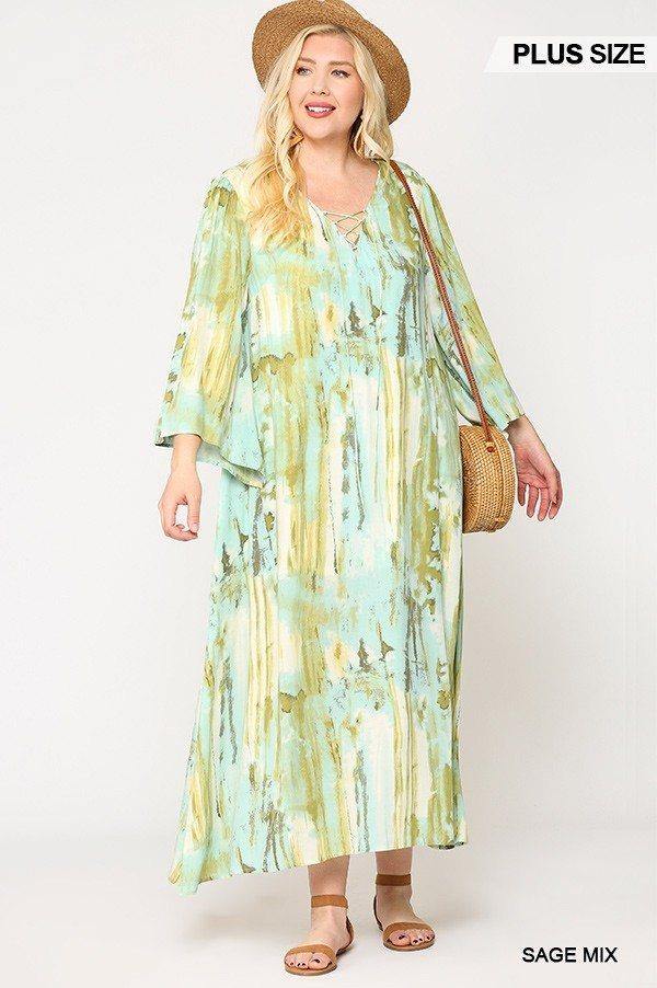 Tie Dye Multi Color Printed Maxi Dress With Lace Up - Pearlara