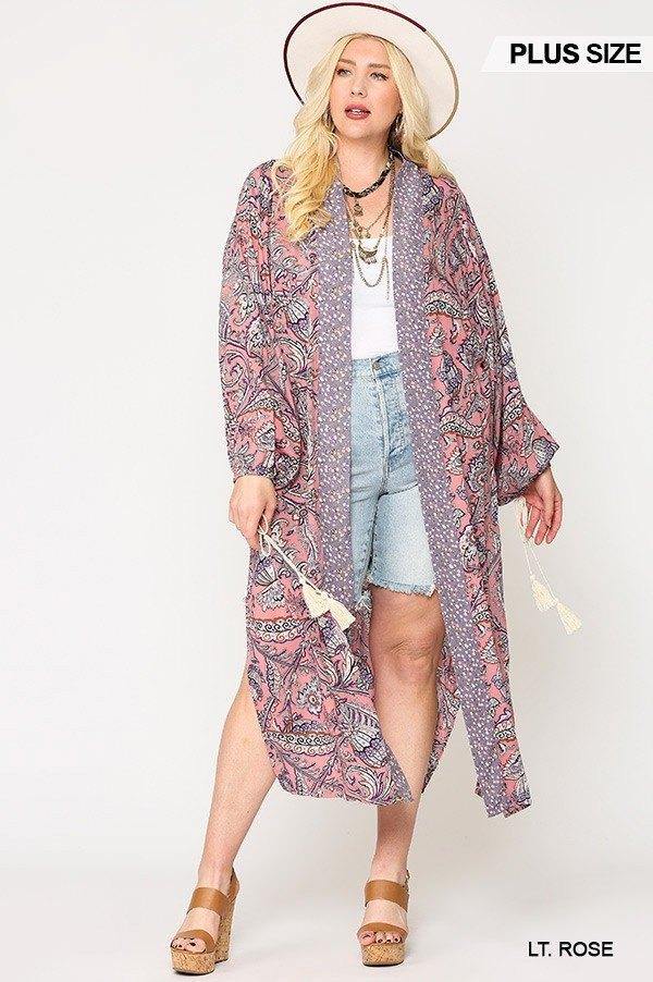 Mix-printed Open Front Kimono With Side Slits - Pearlara