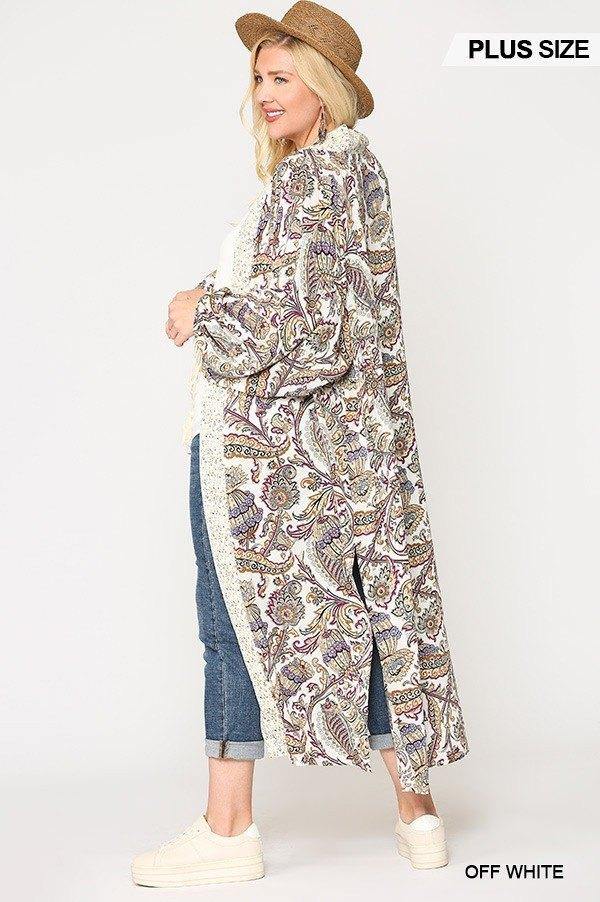 Mix-printed Open Front Kimono With Side Slits - Pearlara