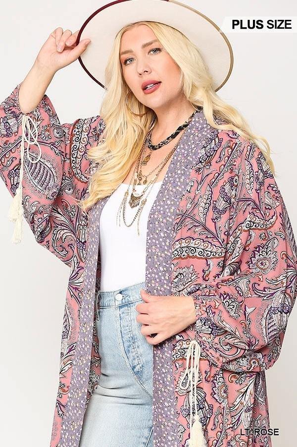 Mix-printed Open Front Kimono With Side Slits - Pearlara