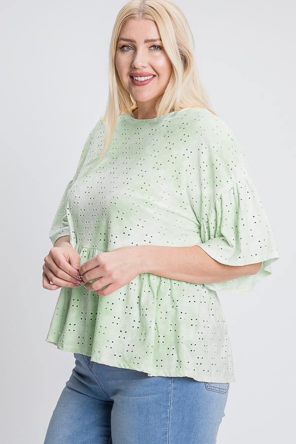 Tie Dye Ruffled Sleeves And Bottom Eyelet Blouse - Pearlara